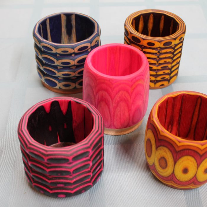 colored turned boxes