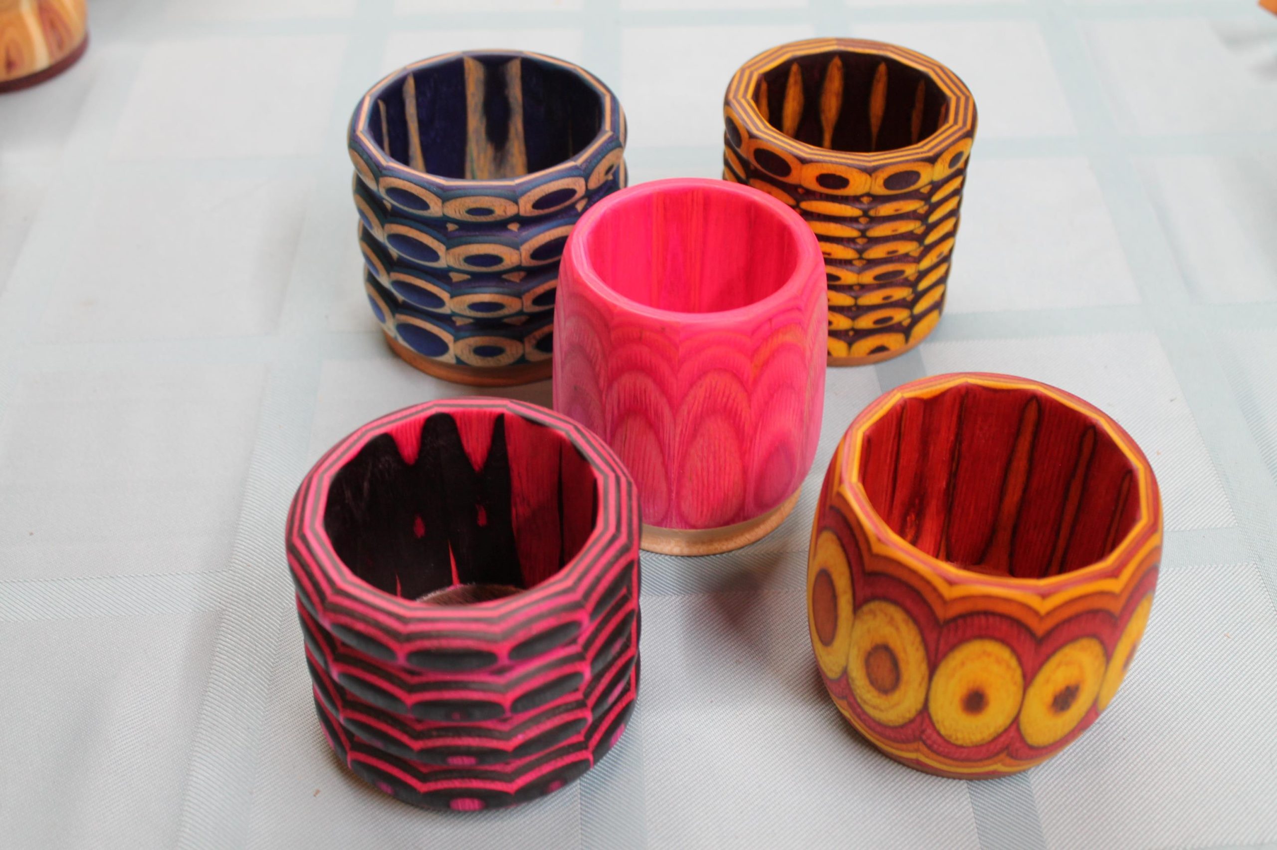 colored turned boxes